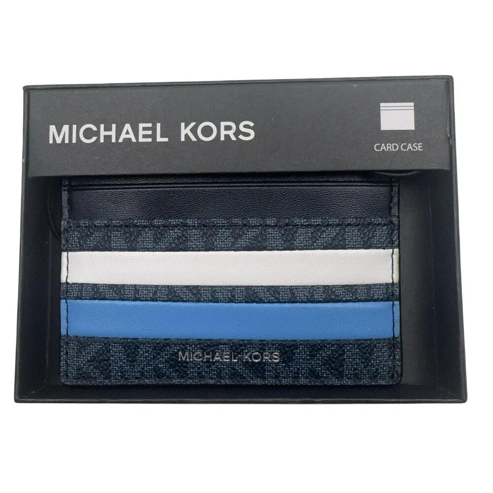 Michael Kors Card Case Wallet Mens Blue Multi Stripe Logo Malone
